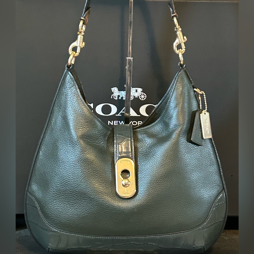COACH Amber Pebble and Exotic Leather Hobo Shoulder Bag in Ivy